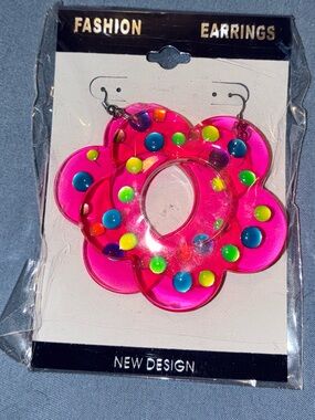 Hot Pink Flower Acrylic Earrings with Neon Dots